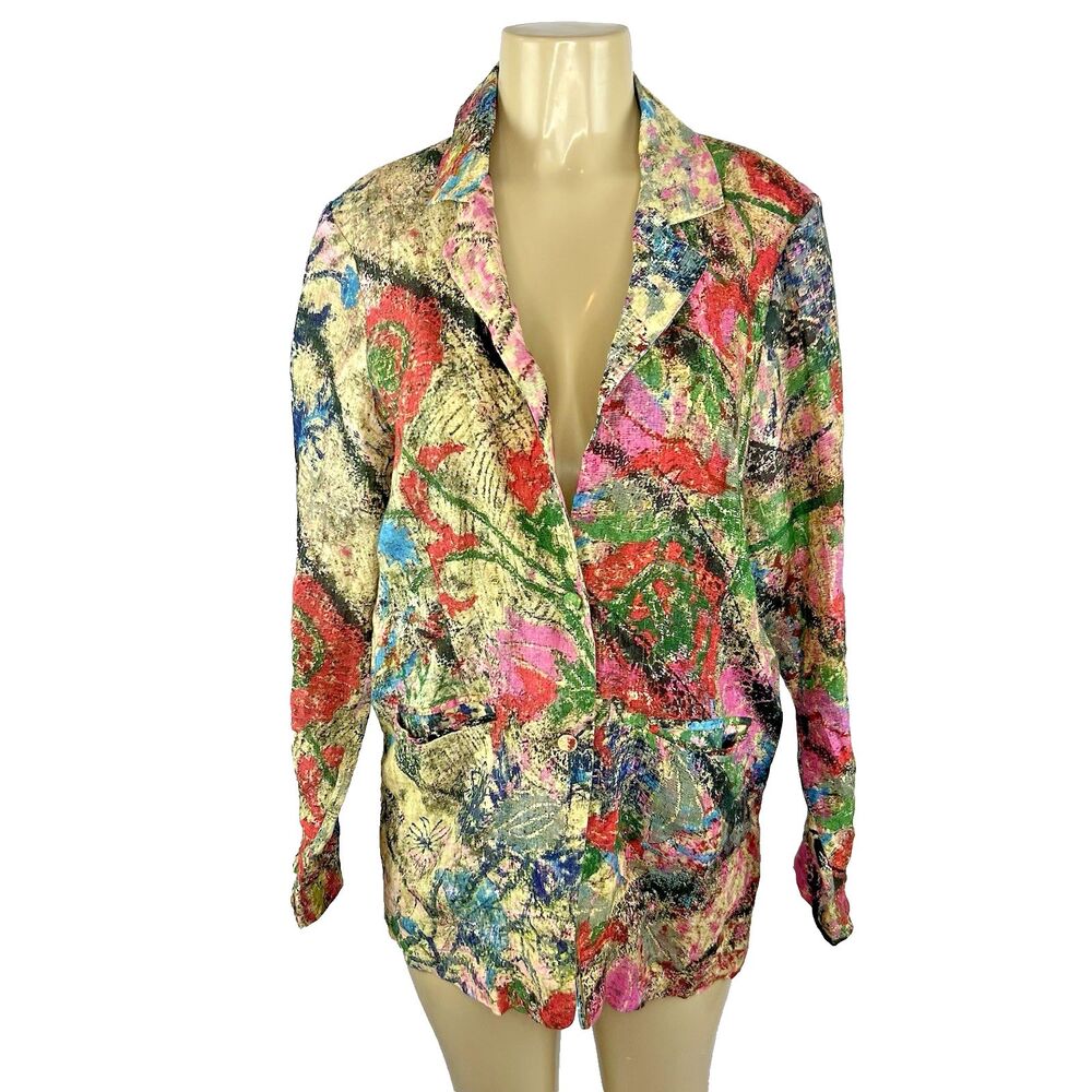 Yavi Linen Jacket Size M Multicolor Abstract Print Pockets Art To Wear Eclectic